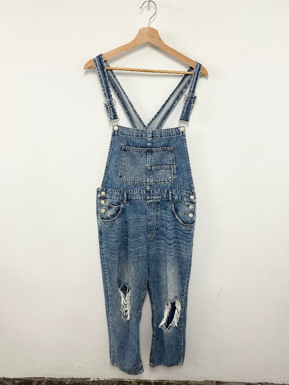 We the Free People Women's Size Medium Distressed Denim Blue Bib Overalls Boho